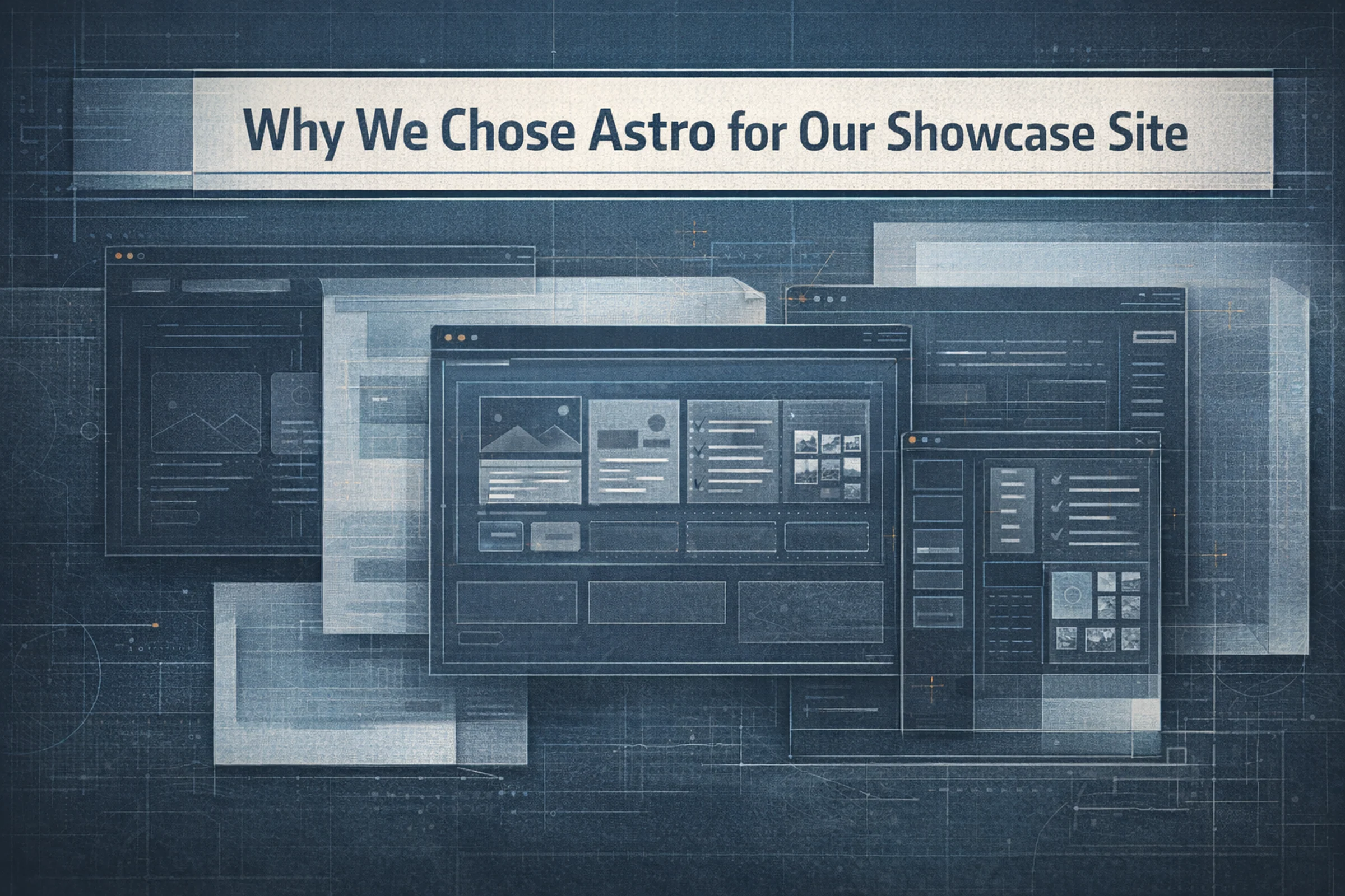 Editorial publishing architecture board with layered browser frames, modular content panels, and the title integrated into a technical masthead strip.