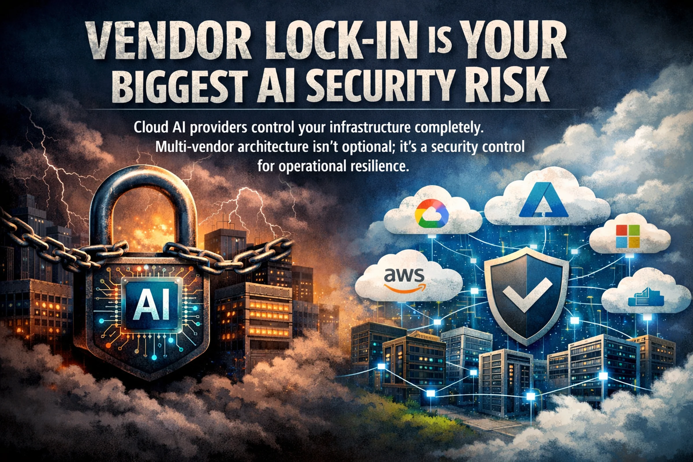 Illustrated cloud architecture scene showing multiple AI providers, security controls, and a central vendor lock-in warning.
