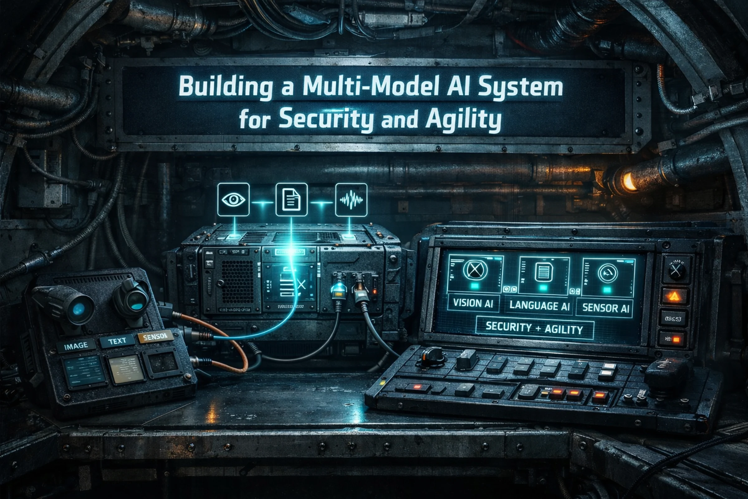 Dark control-room scene showing a multi-model AI workstation with separate vision, language, and sensor systems connected through one central orchestration console.