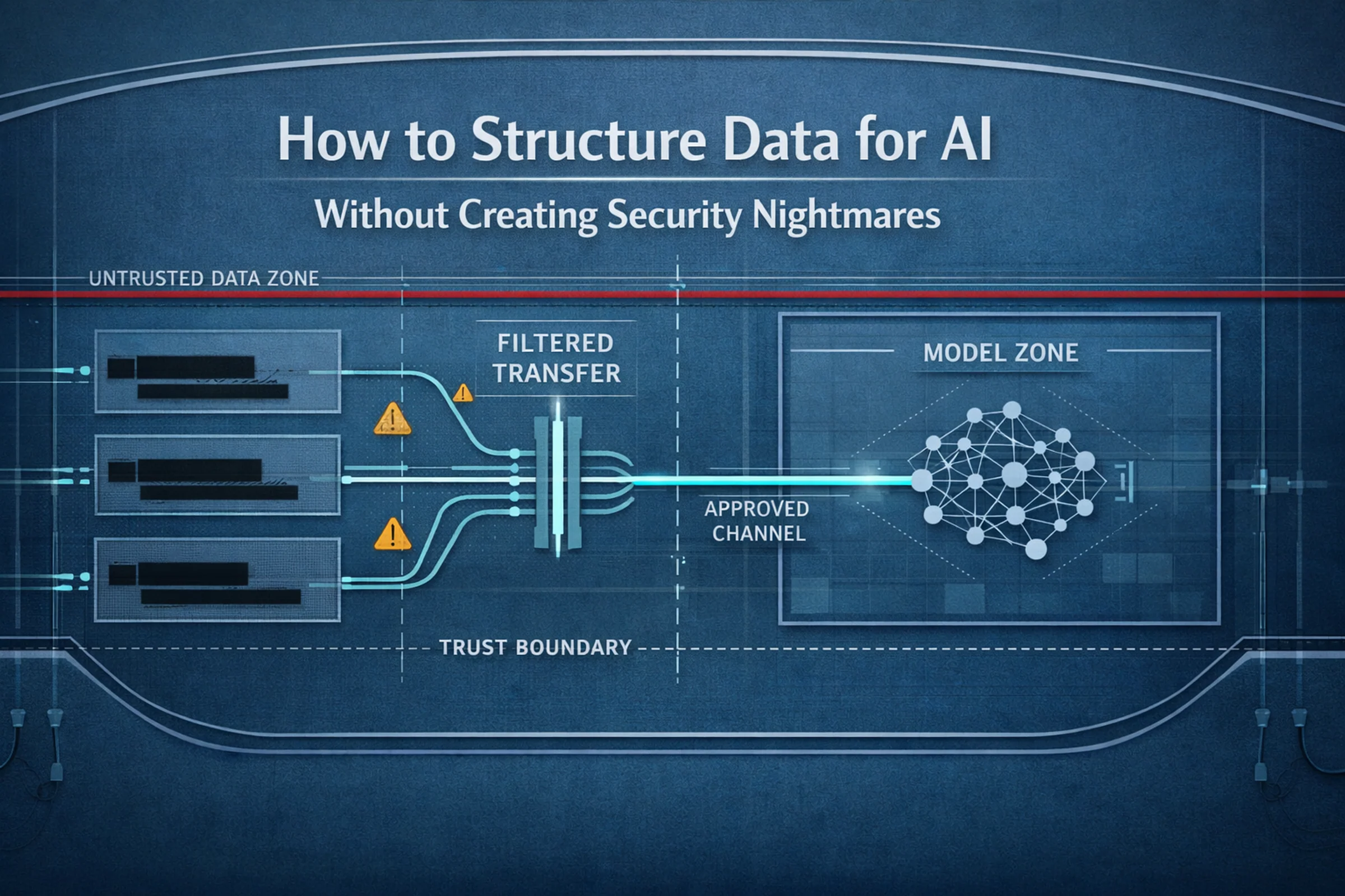 Editorial control-room illustration showing data zones, guarded boundaries, and structured AI processing lanes.