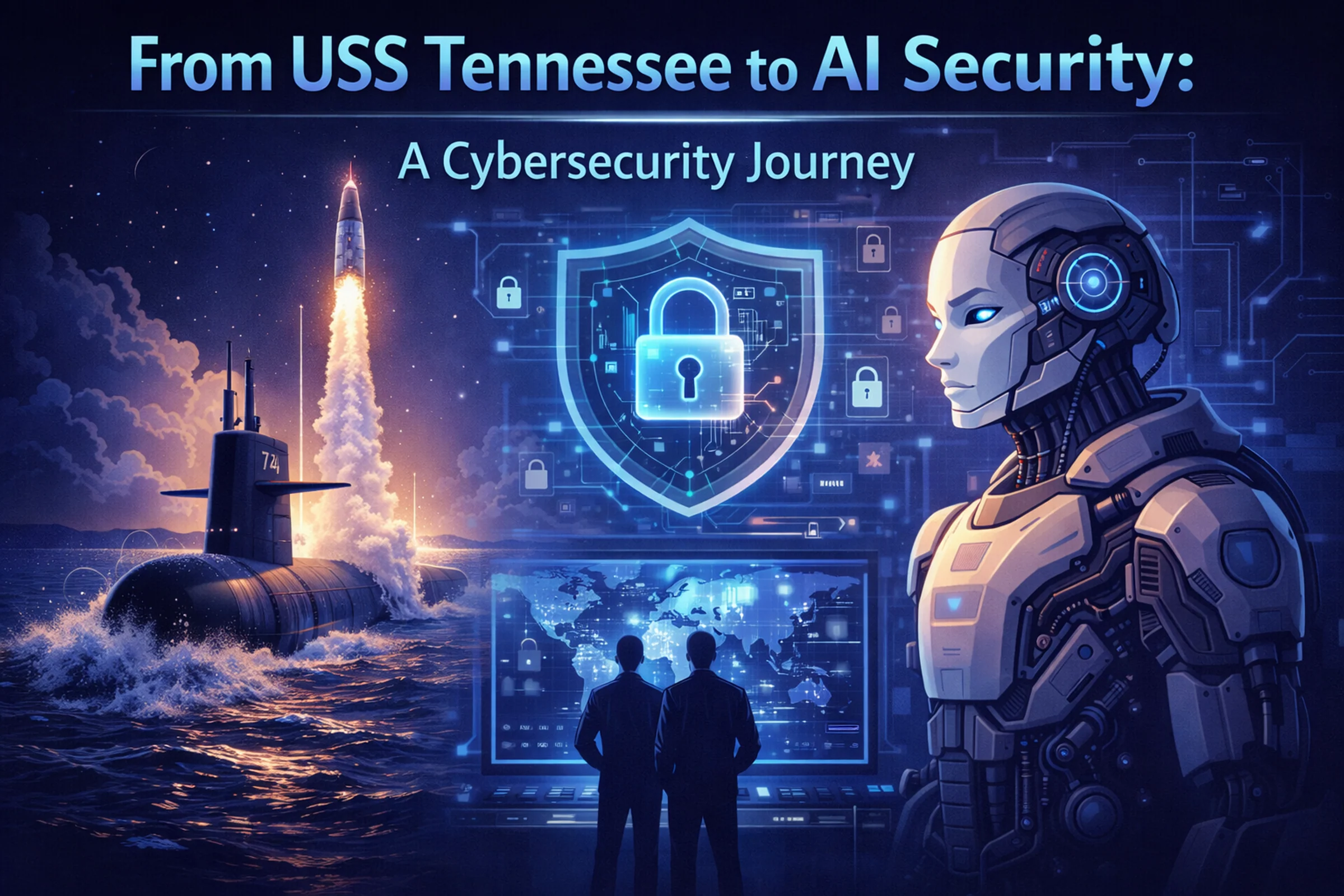 Illustration of a submarine launch, digital security shield, and humanoid robot representing a journey from naval service into AI security.