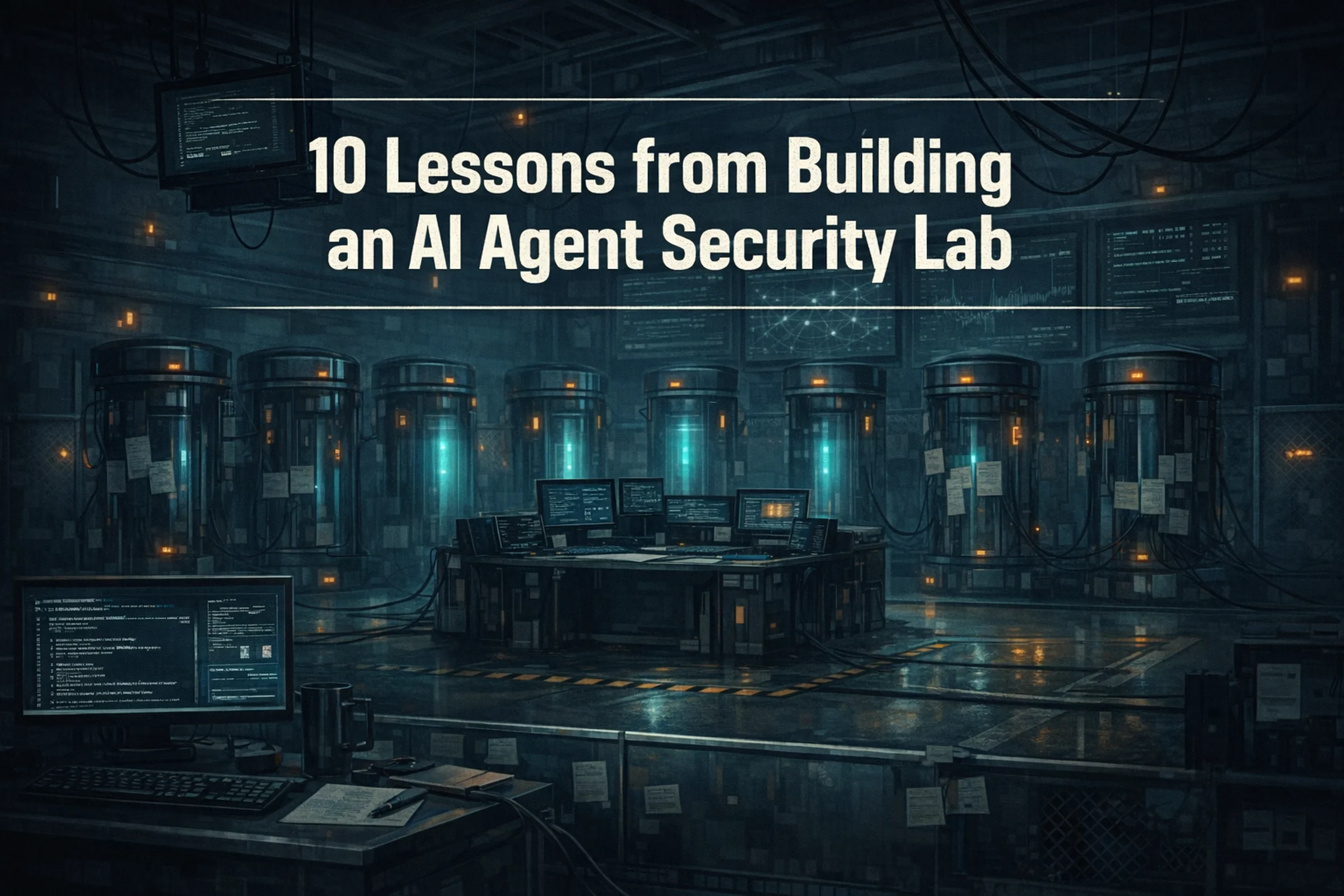 A disciplined AI agent security lab with illuminated test chambers around a central research console under suspended analysis screens.