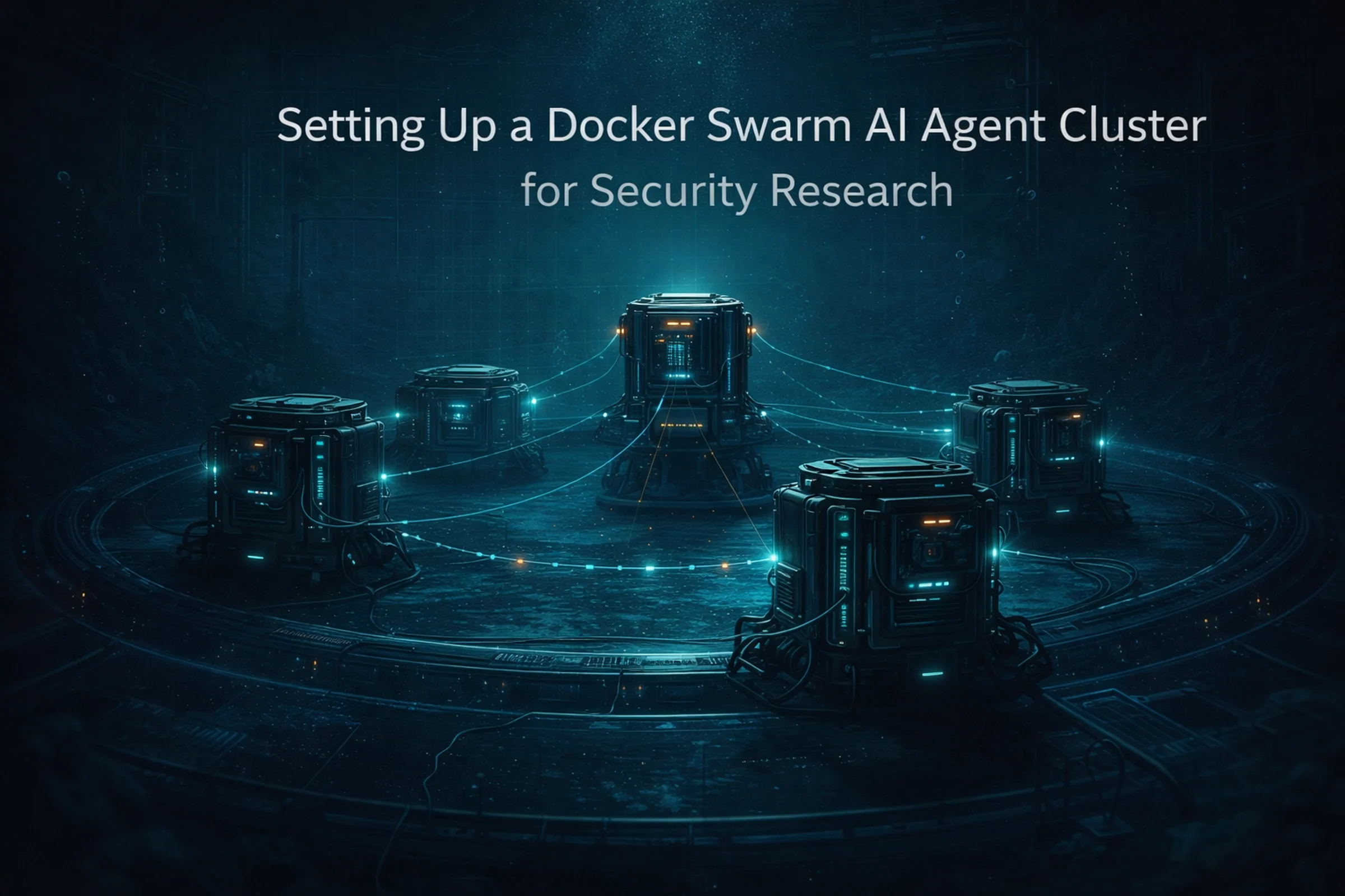 Five dark compute nodes arranged in a circular swarm cluster with glowing network links and a central orchestration ring.