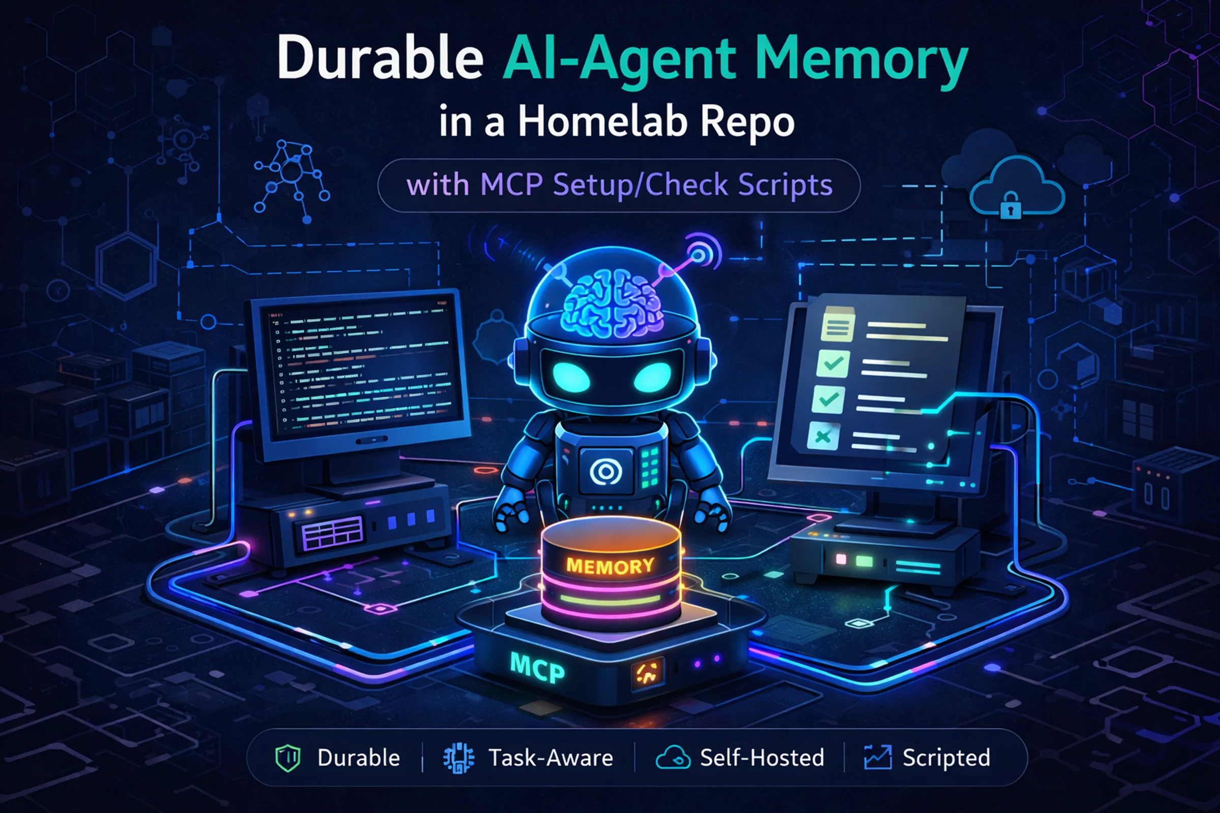 Illustrated AI agent memory diagram with MCP setup and check scripts, computer monitors, and a central memory module.