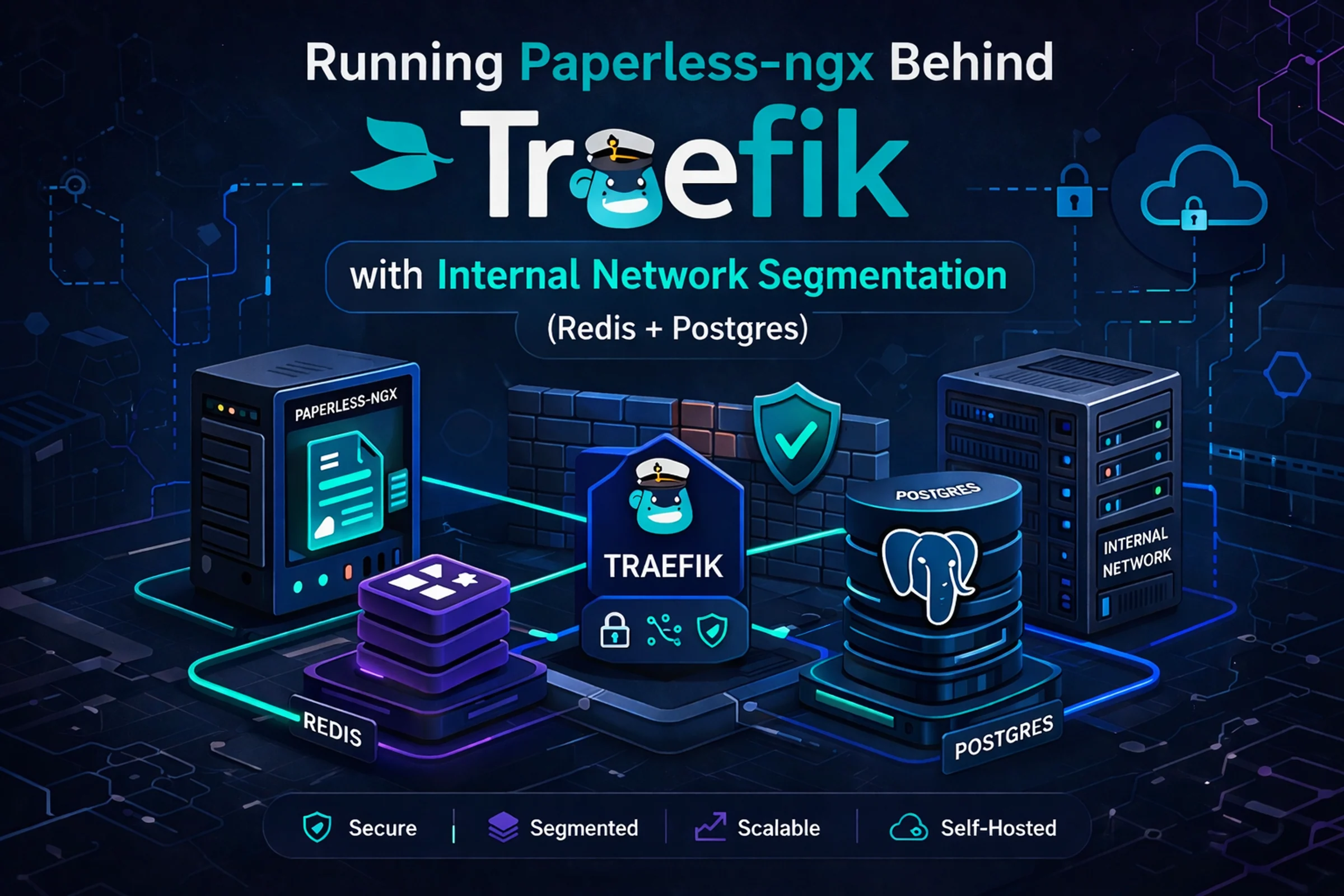 Diagram-style illustration of Paperless-ngx behind Traefik with Redis, Postgres, and segmented internal network boundaries.