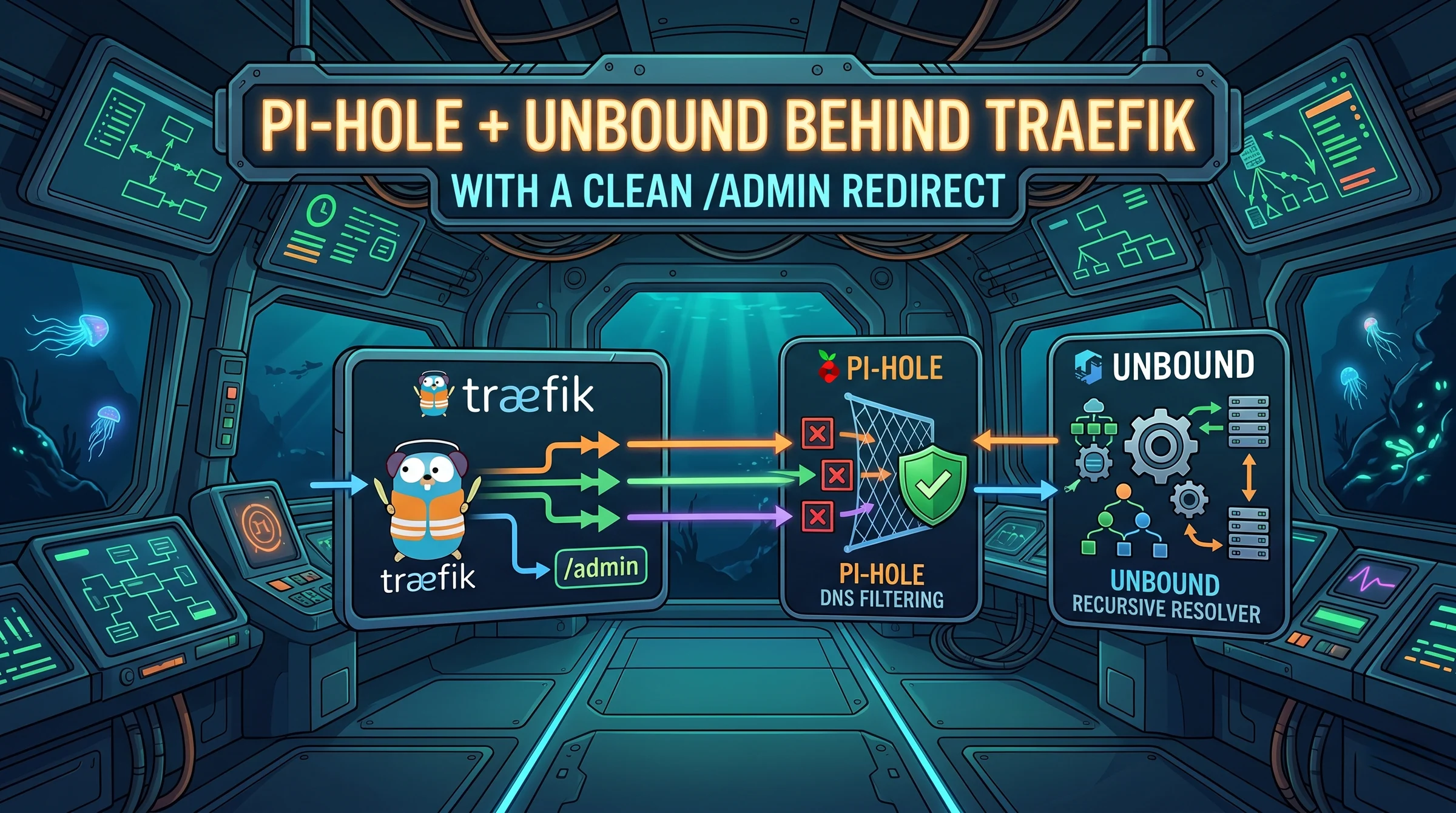 Detailed homelab control-room illustration showing Traefik routing into Pi-hole and Unbound with a highlighted /admin redirect path and filtering checkpoint.