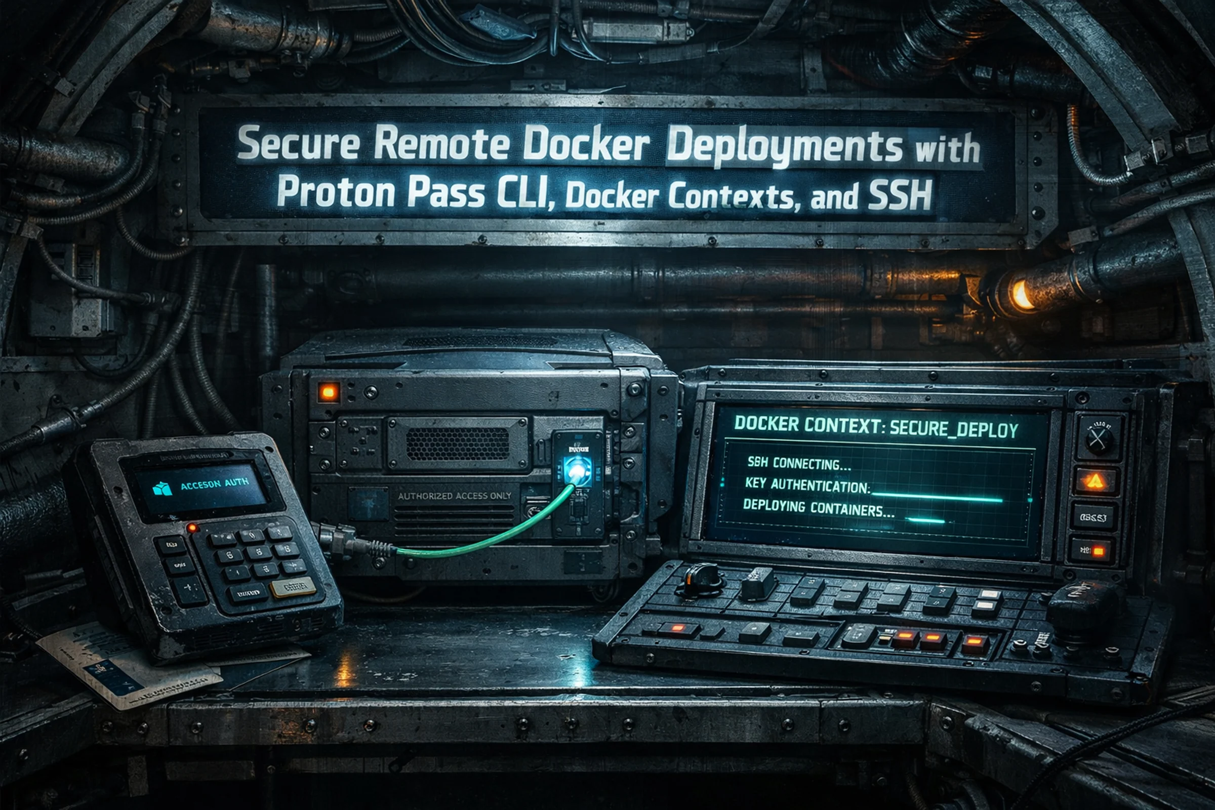 Industrial control-room illustration showing secure remote Docker deployment with Proton Pass CLI, Docker contexts, and SSH.