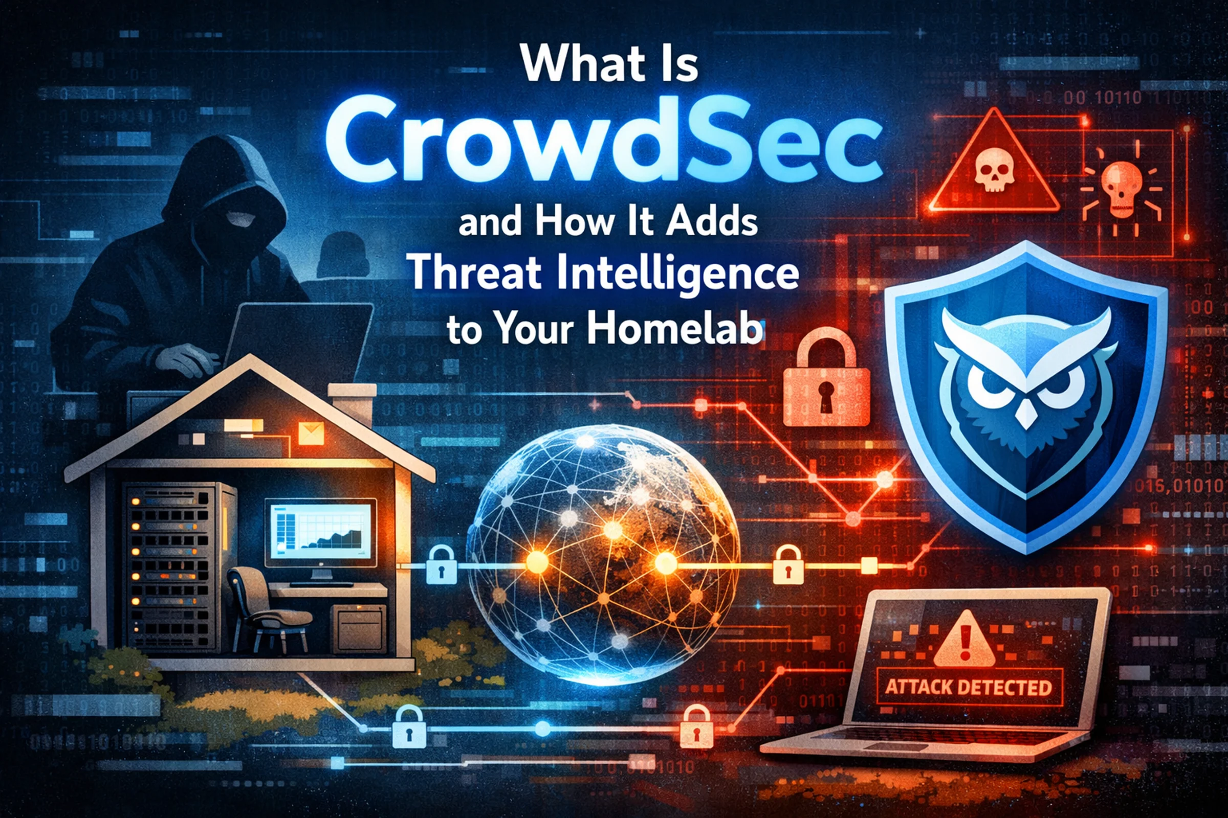 Diagram-style CrowdSec and Traefik security illustration with homelab house, threat signals, and forwardAuth protection flow.