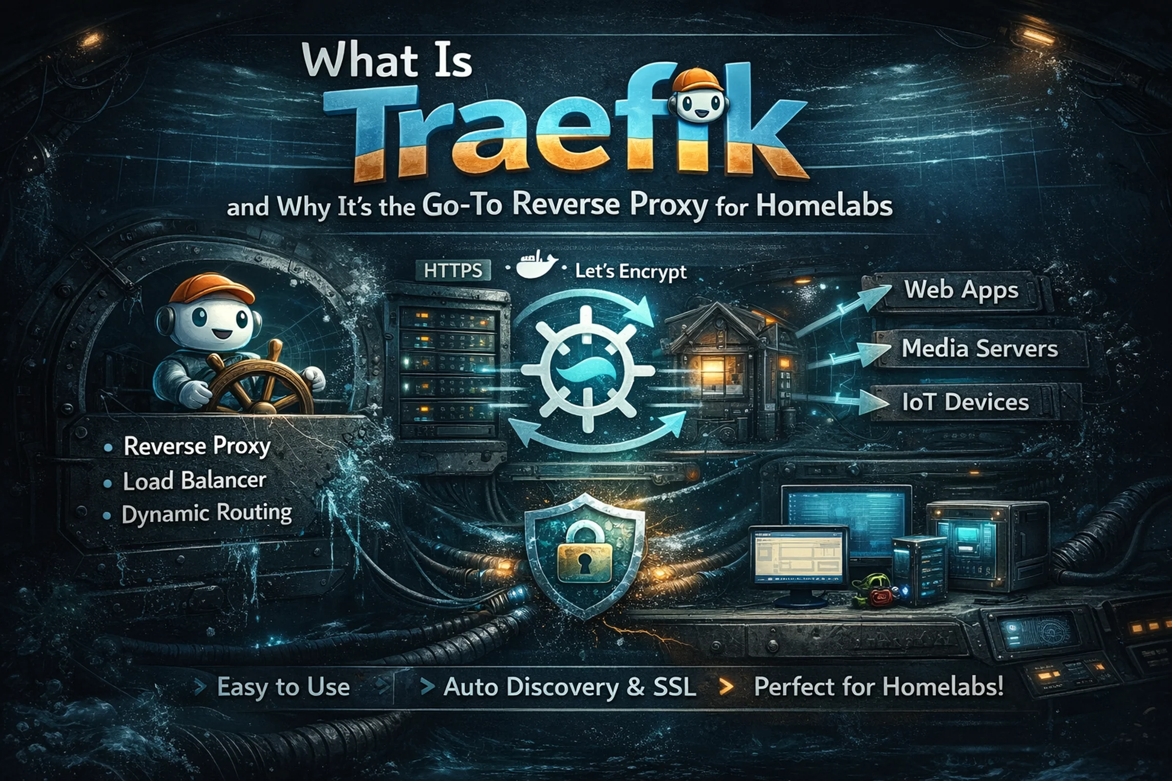 Diagram-style Traefik illustration showing reverse proxy routing, load balancing, and service discovery for a homelab.
