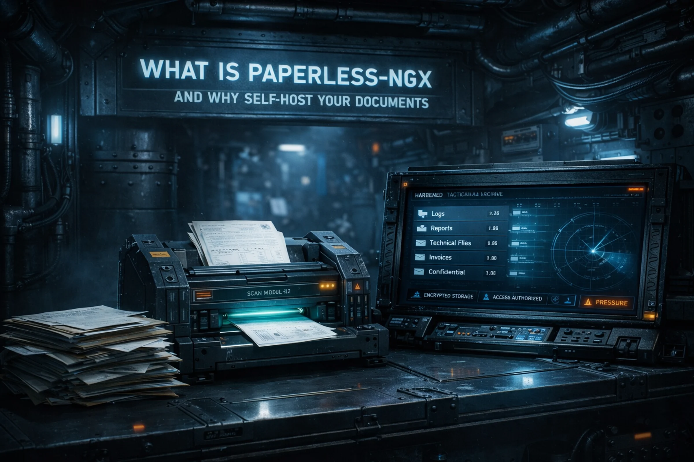Illustration of a document scanner and archive workstation labeled Paperless-ngx in a dark technical workspace.