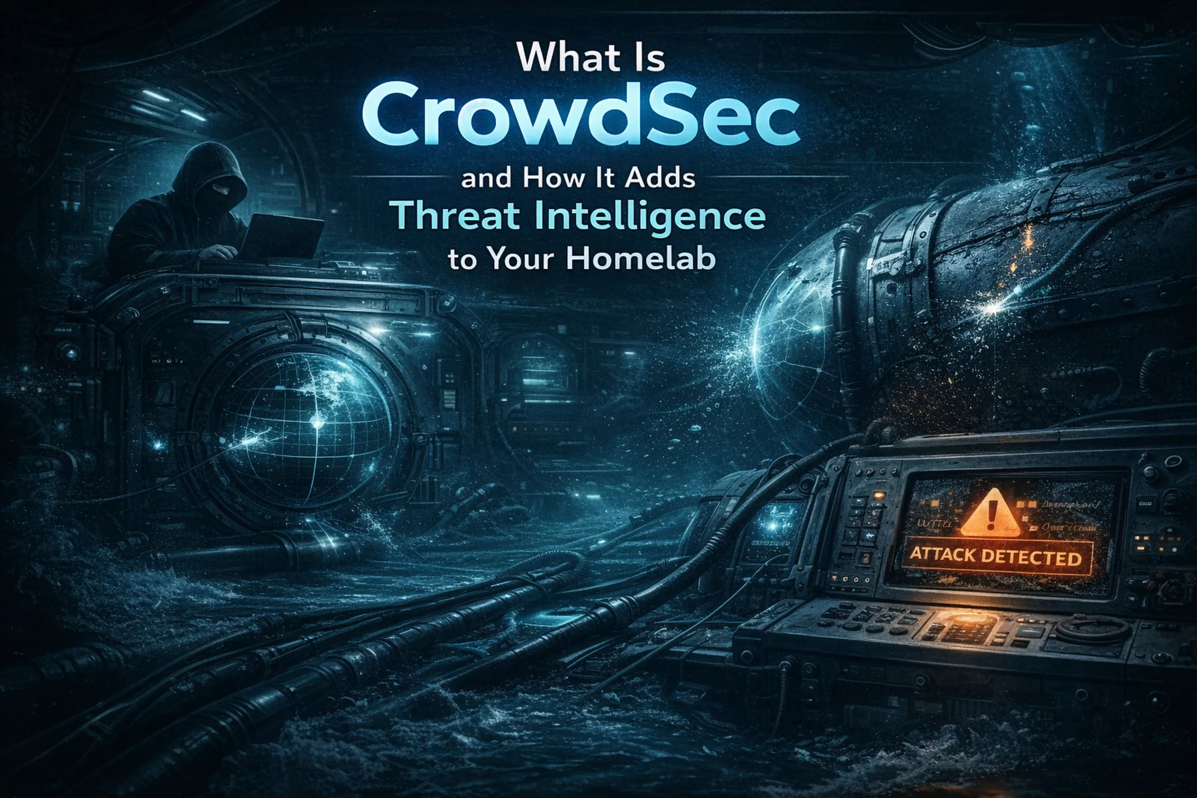 Dark monitoring scene with CrowdSec title, radar display, intruder silhouette, and attack warning console.