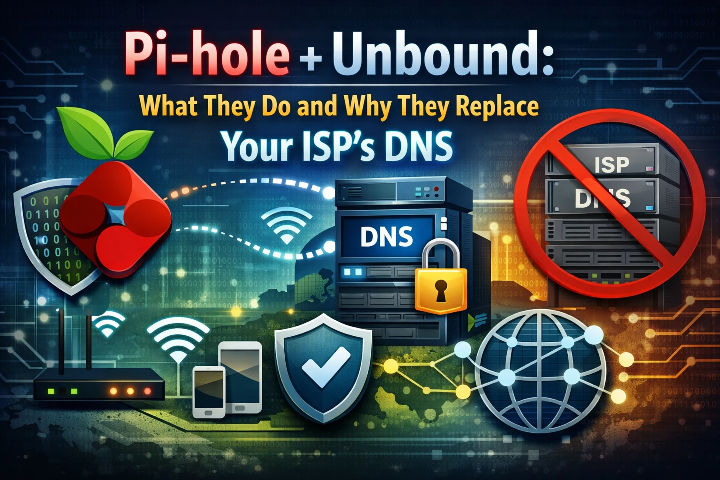 Illustrated Pi-hole and Unbound cover showing a local DNS server, router, privacy shields, and an ISP DNS path blocked off in red.