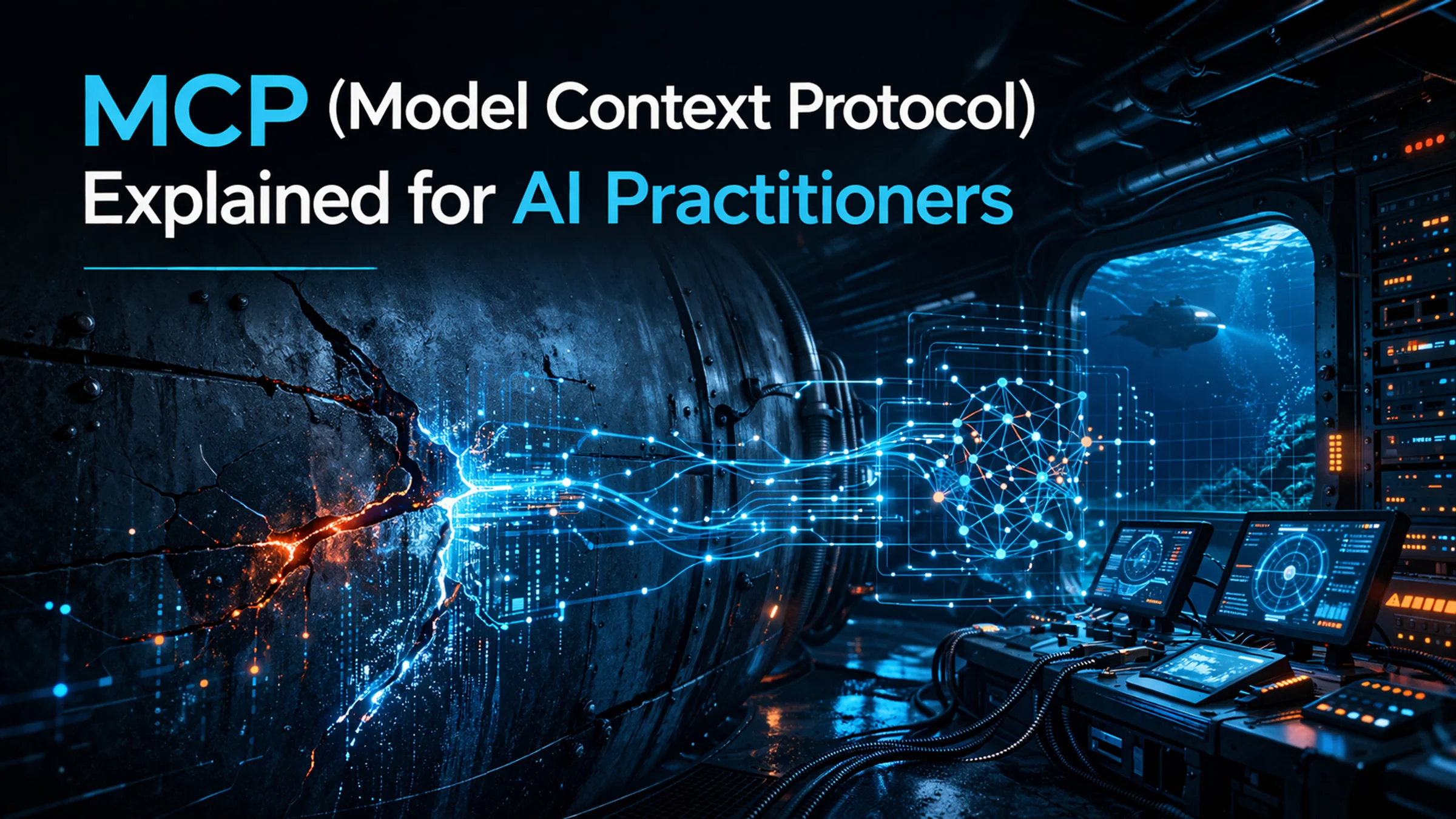 Undersea control-room illustration showing MCP data flows crossing a boundary into connected tools and consoles.