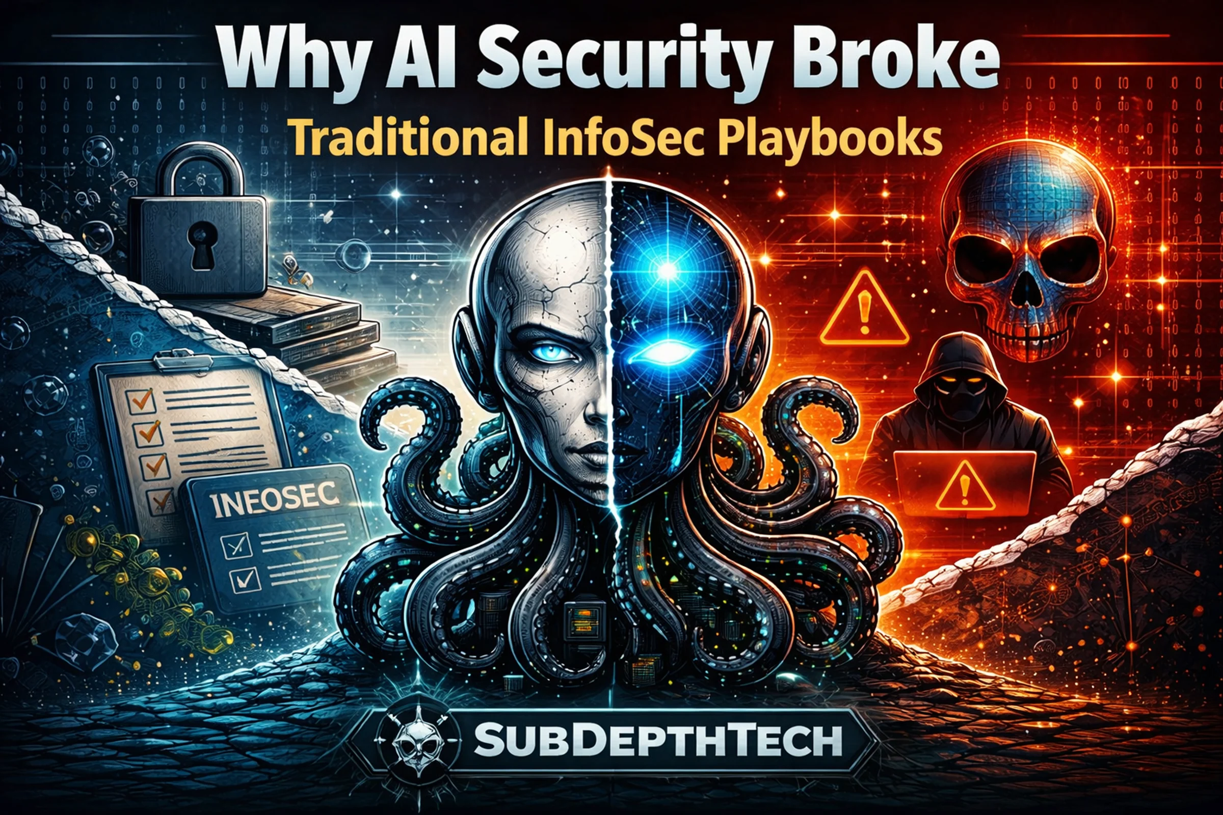 Bold security illustration with a humanoid octopus figure, warning symbols, and broken infosec doctrine imagery.
