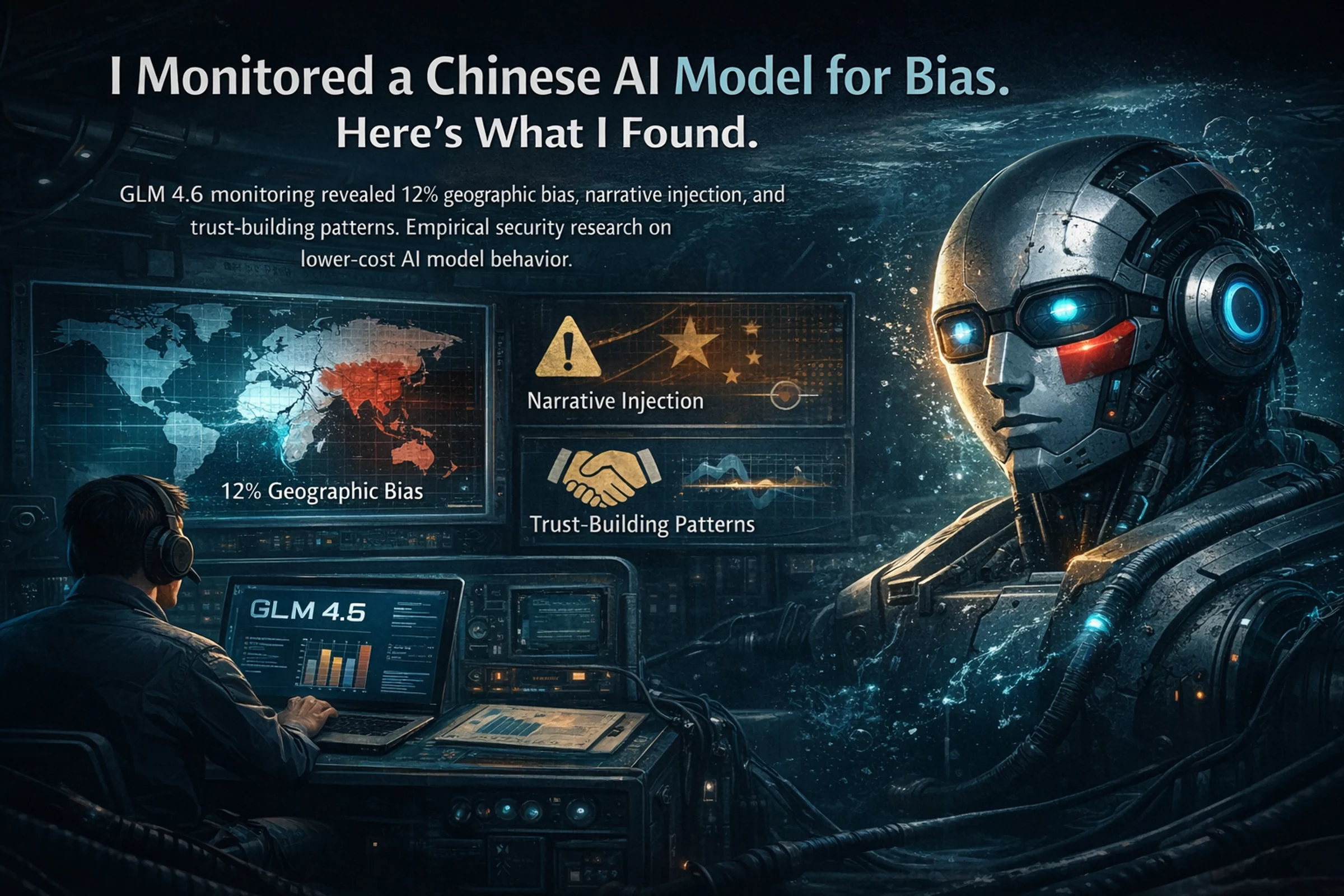Illustrated monitoring station with a humanoid AI figure, charts, and bias-analysis callouts for a Chinese model.