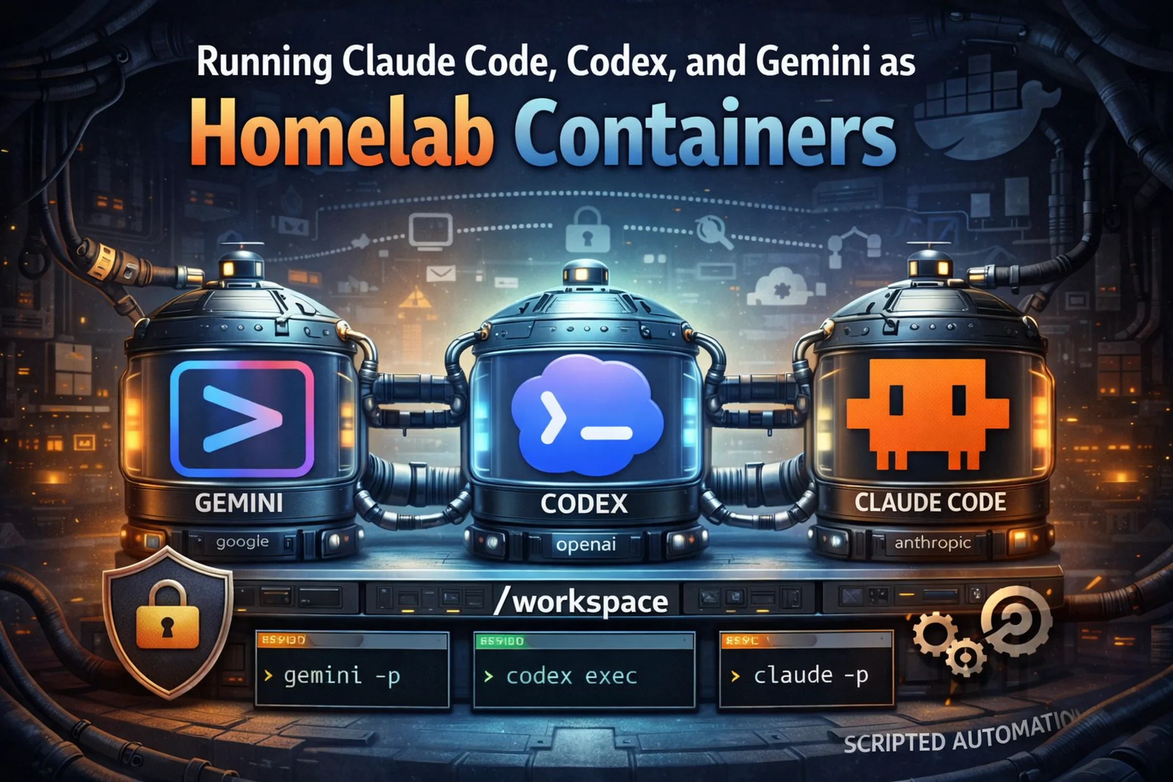 Illustration of Claude Code, Codex, and Gemini running as containerized homelab services behind a shared workspace.