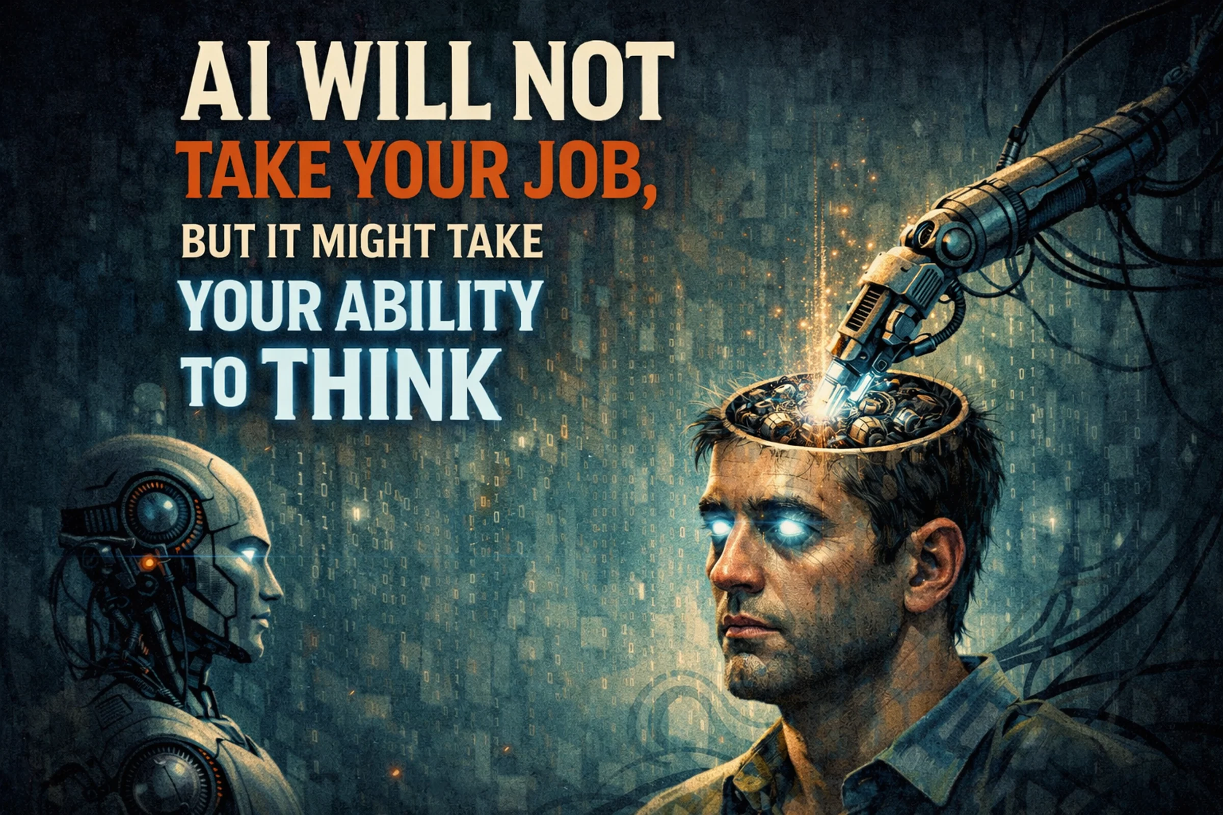 Cover image showing a person and a humanoid machine facing each other while a robotic arm reaches into the person's open head under the headline about losing the ability to think.