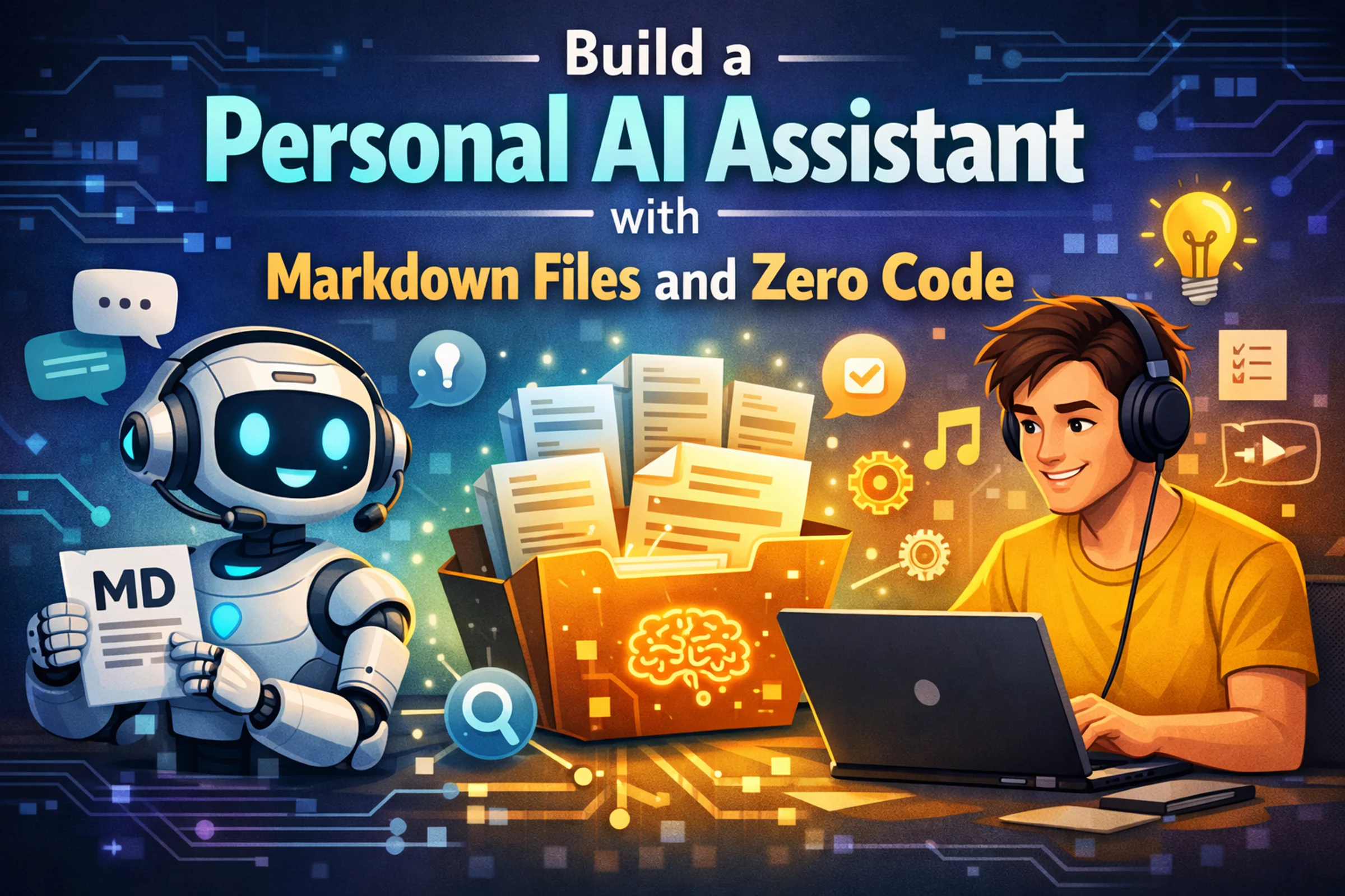 Friendly illustration of a personal AI assistant built from markdown files, showing a robot, document folder, and laptop user.
