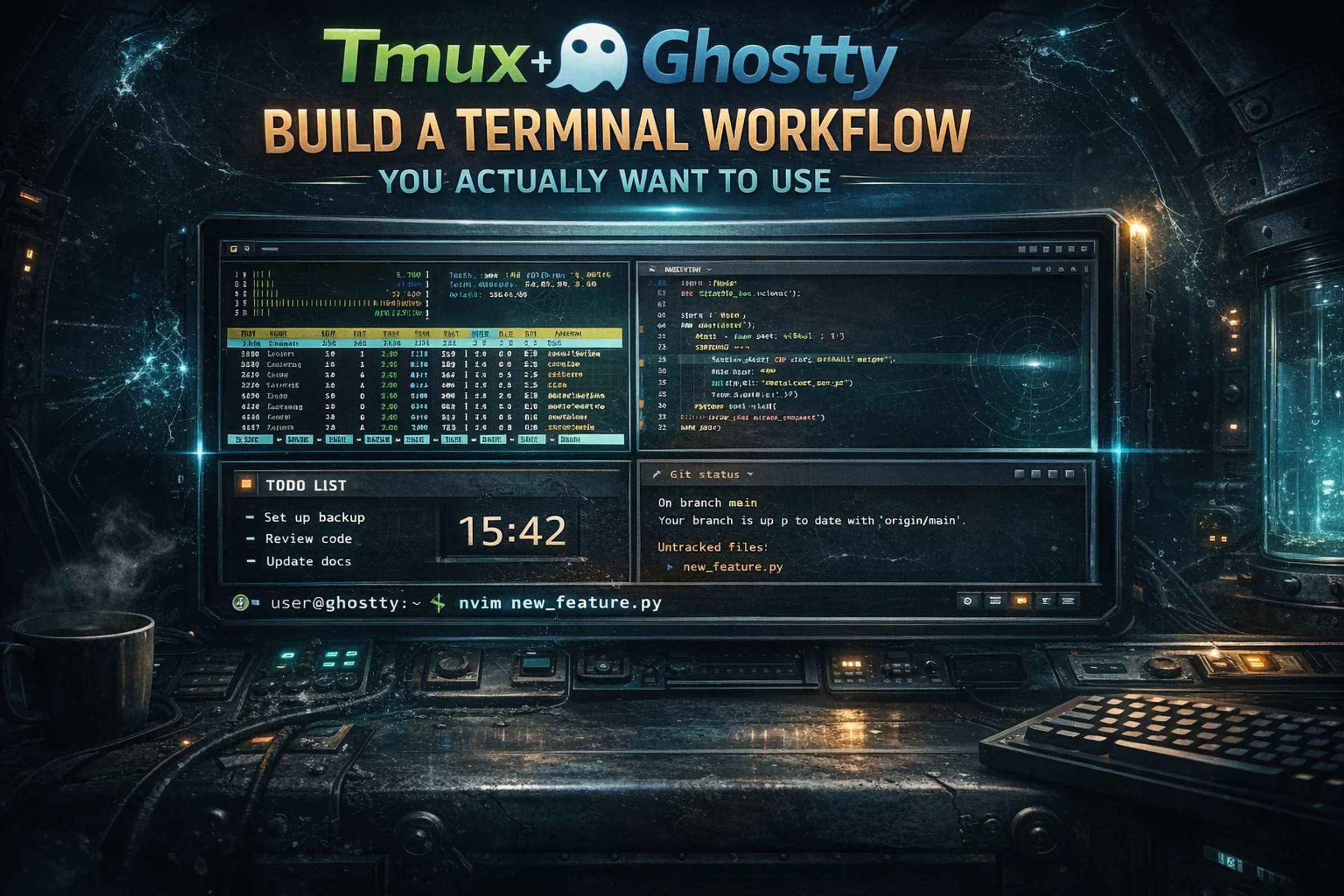 Illustration of a terminal workstation showing tmux and Ghostty in a dark command-deck interface.